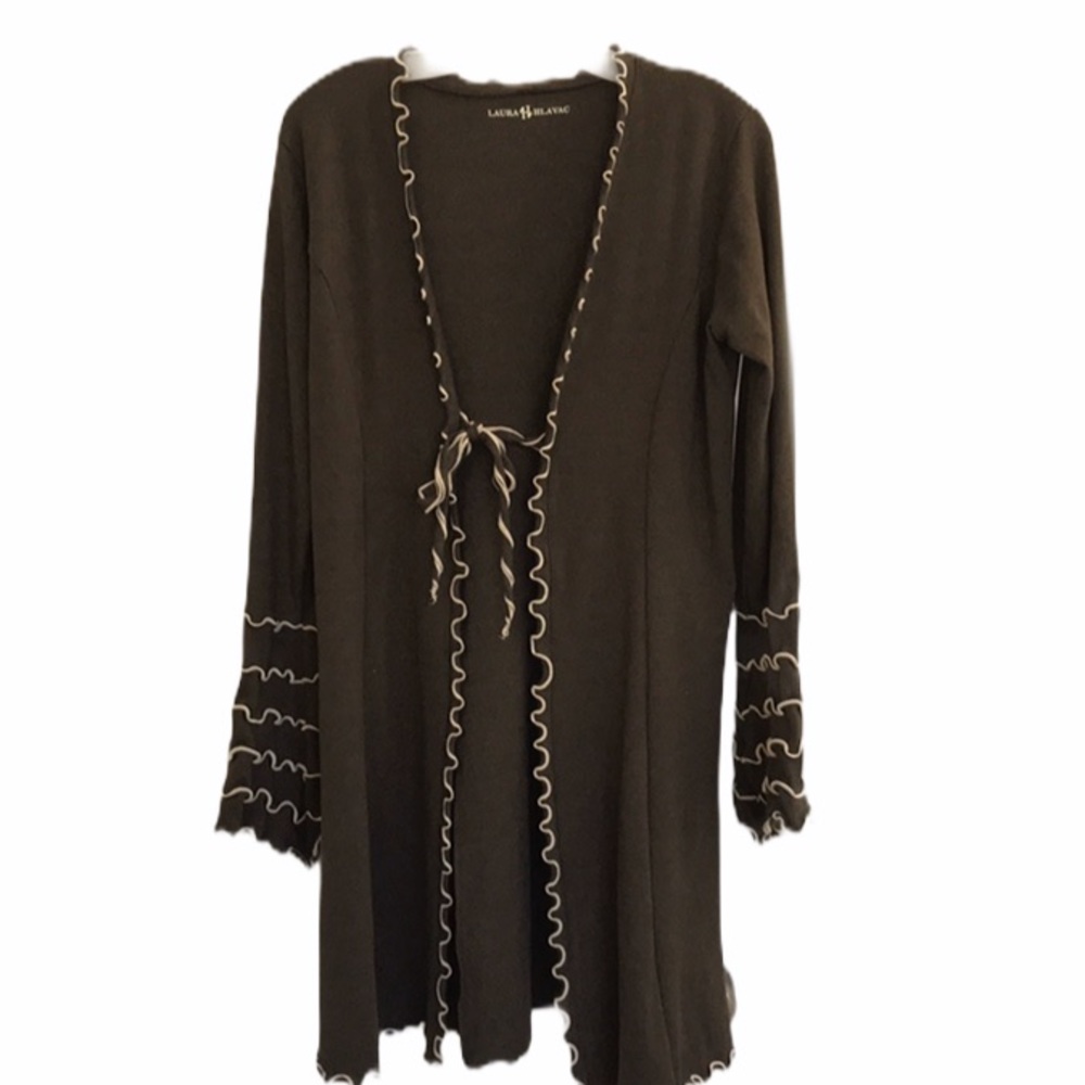 Laura Hlavac Ruffled Long Brown Cardigan Sweater